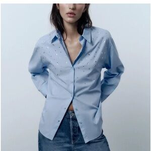 ZARA RHINESTONE POPLIN SHIRT LIGHT BLUE XS NWT